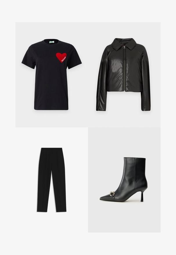 Black faux leather cropped jacket with a collared neckline and zip closure. Features long sleeves and smooth, glossy texture.; Black cotton t-shirt featuring a red heart graphic with the word "FUTURE" inside it, crew neck, and short sleeves.; Black trousers with a straight fit, featuring double pleats, a smooth texture, and a classic waistband design. No visible hardware or accents.; Black leather ankle boot with pointed toe, slim mid-height heel, and silver buckle detail on side against plain background.