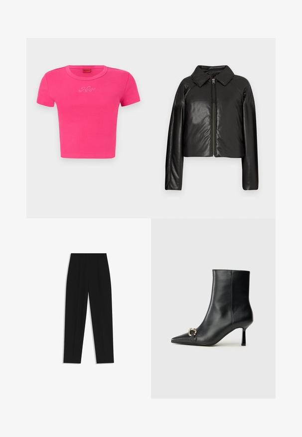Black faux leather cropped jacket with a collared neckline and zip closure. Features long sleeves and smooth, glossy texture.; Short pink cropped t-shirt with a round neckline and short sleeves. Features a tone-on-tone “Hugo” logo on the front. Soft cotton material.; Black trousers with a straight fit, featuring double pleats, a smooth texture, and a classic waistband design. No visible hardware or accents.; Black leather ankle boot with pointed toe, slim mid-height heel, and silver buckle detail on side against plain background.
