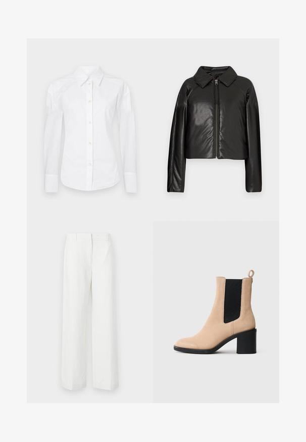 Svart, imitert skinn, cropped jakke med krage og glidelås. Har lange ermer og en jevn, glinsende overflate.; Hvit skjorte av bomull. Har klassisk krage, lange ermer og standard knappestolpe med beige knapper. Glatt tekstur.; Hvite brede bukser med glatt tekstur, med flat front og pressede folder. Laget av lett materiale, uten synlige mønstre.; Beige semsket ankelstøvletter med blokhæl, med en sort elastisk indsats og løkke bagpå. Glat tekstur og rund tå design.
