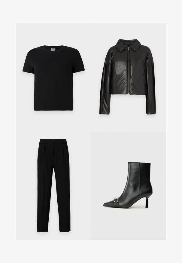 Black faux leather cropped jacket with a collared neckline and zip closure. Features long sleeves and smooth, glossy texture.; Black cotton t-shirt with a crew neckline and short sleeves. Simple design, no patterns or accents, with a straight cut at the waist.; Black tailored trousers with a straight fit, pleated front, polished fabric, and a medium waistband. No visible pockets or hardware details.; Black leather ankle boot with pointed toe, slim mid-height heel, and silver buckle detail on side against plain background.