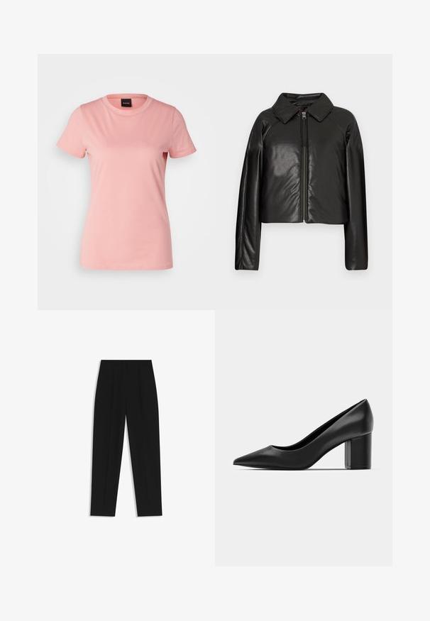 Mustat tekonahkaiset lyhyet takit, joissa on kauluksessa oleva kaulus ja vetoketjukiinnitys. Ominaisuuksiin kuuluu pitkät hihat ja sileä, kiiltävä pinta.; BOSS ELOGO - Printtipaita - light pastel pink; Mustat housut suoran istuvuuden kanssa, joissa on kaksinkertaiset laskokset, sileä pinta ja klassinen vyötärönauhan muotoilu. Ei näkyviä metalliosia tai koristeita.; Musta nahkakengät, joissa on teräväkärkinen muoto ja paksu neliöklippu. Sujuva pinta, yksinkertainen muotoilu, sopii virallisiin tilaisuuksiin.