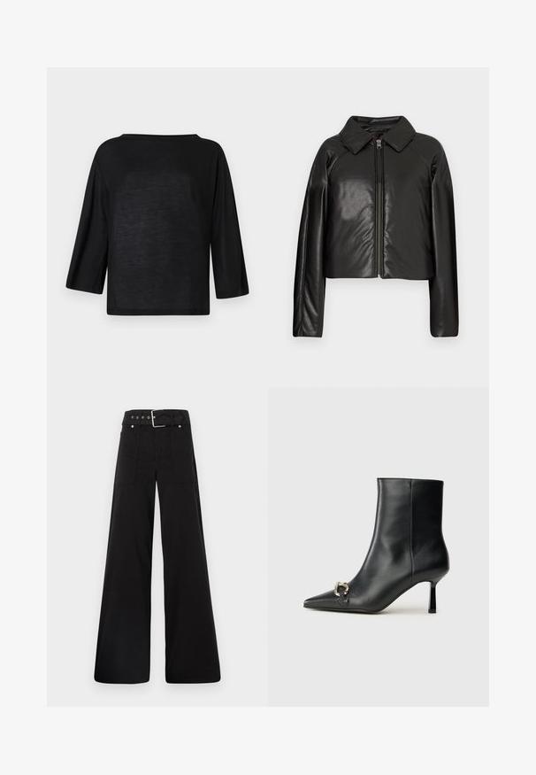 Čierna koženková skrátená bunda s golierom a zipsovým uzáverom. Má dlhé rukávy a hladký, lesklý povrch.; Čierny voľný top s širokým výstrihom a trojštvrťovými rukávmi. Materiál vyzerá mäkko a ľahko s hladkým povrchom.; Čierne nohavice so širokými nohavicami vyrobené z bavlny, s vysokým pásom, veľkými bočnými vreckami a opaskom s prackou so striebornými detailmi.; Čierna kožená členková obuv s špicatou špičkou, štíhlým stredne vysokým podpätkom a striebornou sponou na boku na jednoduchom pozadí.