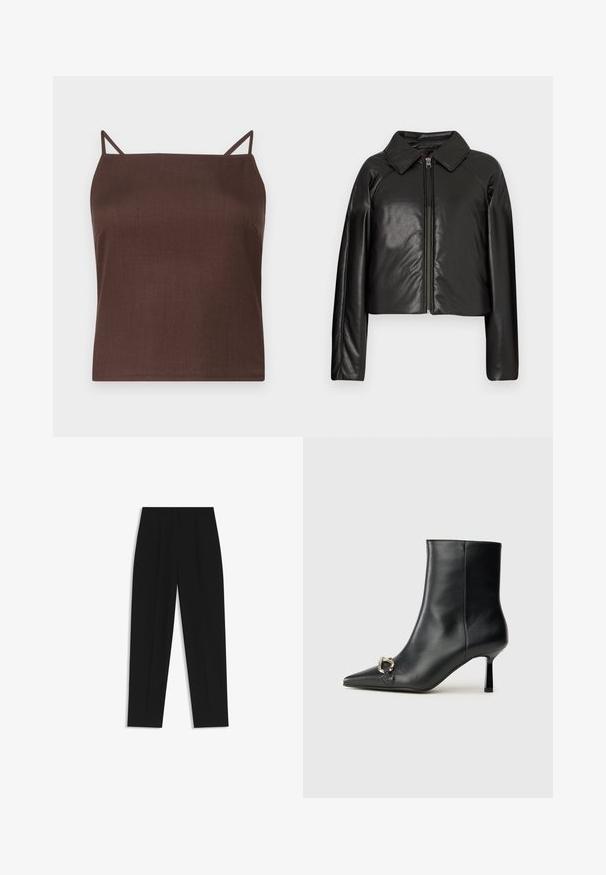 Chaqueta corta de imitación piel negra con cuello con solapa y cierre de cremallera. Presenta mangas largas y una textura suave y brillante.; Top marrón sin mangas con tirantes delgados; hecho de una tela suave y mate; corte cuadrado con un dobladillo recto; diseño minimalista sin patrones.; Pantalones negros de corte recto, con doble pinza, textura suave y un diseño de cinturilla clásica. Sin hardware o acentos visibles.; Botín negro de cuero hasta el tobillo con punta afilada, tacón delgado de altura media y detalle de hebilla plateada en el lateral, sobre un fondo liso.