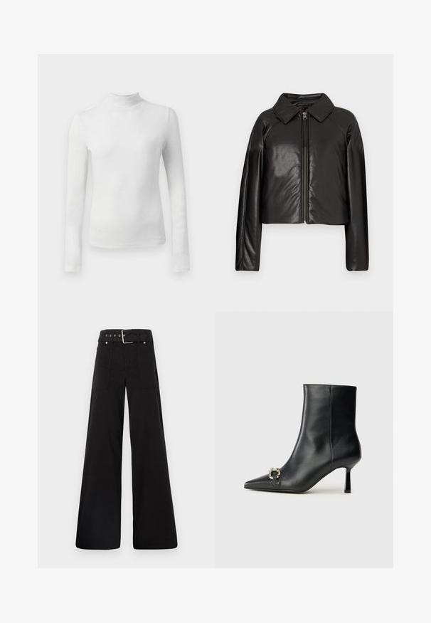 Fekete műbőr cropped dzseki galléros nyakkal és cipzárral. Hosszú ujjú, sima és fényes textúrával rendelkezik.; Fehér, hosszú ujjú, garbós felső, textúrált, csillogó anyagból készült. Slim fit fazonú és magas nyakú.; Fekete, bő szárú nadrág, pamutból készült, magas derékkal, nagy oldalsó zsebekkel és ezüst színű hardverelemekkel ellátott övvel.; Fekete bőr bokacsizma hegyes orral, vékony közép magasságú sarokkal és ezüst csattal az oldalon, sima háttér előtt.