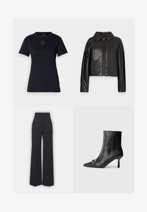 Jachetă cropped din faux leather negru, cu guler și închidere cu fermoar. Prezintă mâneci lungi și o textură netedă, lucioasă.; Tricou din bumbac negru, cu guler rotund, mâneci scurte și un logo în formă de inimă brodat în aur roz pe piept.; Pantaloni largi din țesătură neagră cu talie înaltă, având o finisare curată și o textură netedă. Fără accesorii vizibile sau modele.; Botine negre din piele, cu vârf ascuțit, toc subțire de înălțime medie și detaliu cu cataramă argintie pe lateral, pe un fundal simplu.