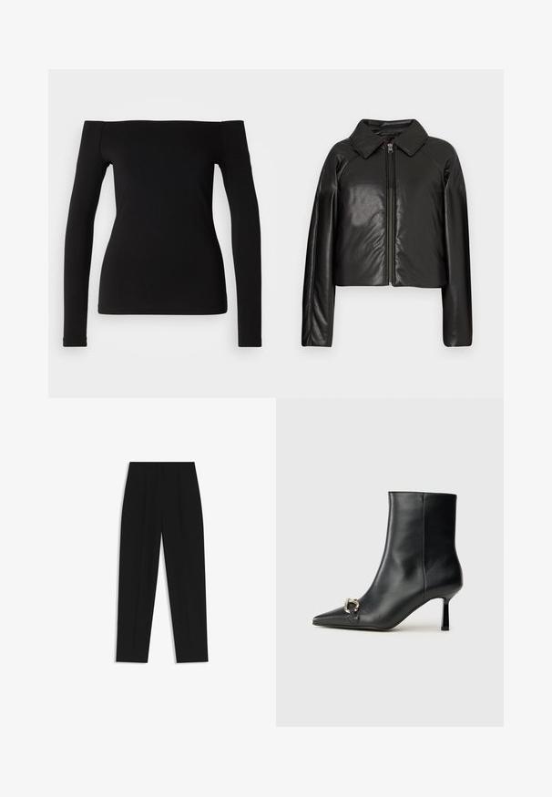 Schwarze Kunstleder-Cropped-Jacke mit Kragen und Reißverschluss. Mit langen Ärmeln und glatter, glänzender Textur.; Schwarzes langärmeliges Oberteil mit schulterfreiem Ausschnitt, glattem Stoff, figurbetonter Passform und nahtlosem Saum. Schlichtes und minimalistisches Design.; Schwarze Hose mit geradem Schnitt, doppelten Falten, einer glatten Textur und einem klassischen Bunddesign. Keine sichtbaren Beschläge oder Akzente.; Schwarze Leder-Stiefelette mit spitzer Zehe, schlankem, mittelhohem Absatz und silberner Schnalle seitlich vor einem schlichten Hintergrund.