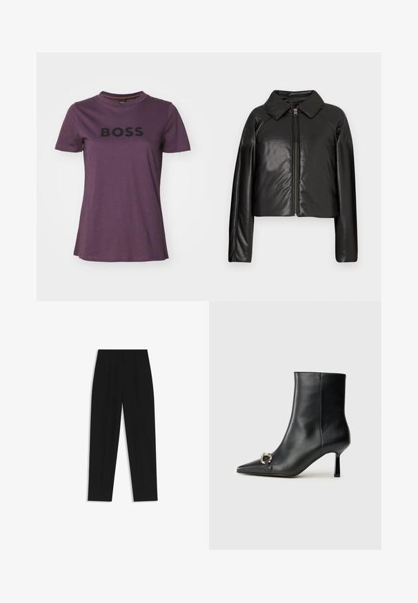 Czarna krótka kurtka z sztucznej skóry z kołnierzykiem i zapięciem na zamek. Posiada długie rękawy oraz gładką, błyszczącą fakturę.; BOSS ELOGO czarny; Czarne spodnie o prostym kroju, z podwójnymi zakładkami, gładką teksturą i klasycznym krojem w talii. Bez widocznych elementów metalowych ani akcentów.; Czarny skórzany botek za kostkę z szpiczastym noskiem, smukłym średnim obcasem i srebrnym zapięciem po boku na jednolitym tle.