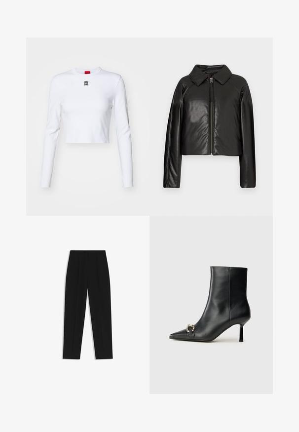 Black faux leather cropped jacket with a collared neckline and zip closure. Features long sleeves and smooth, glossy texture.; White long-sleeve crop top made of cotton, featuring a round neck and a small black "HUGO" logo on the chest. Smooth texture with fitted design.; Black trousers with a straight fit, featuring double pleats, a smooth texture, and a classic waistband design. No visible hardware or accents.; Black leather ankle boot with pointed toe, slim mid-height heel, and silver buckle detail on side against plain background.