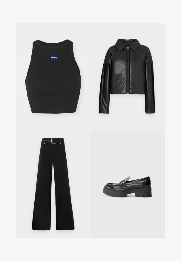 Svart, imitert skinn, cropped jakke med krage og glidelås. Har lange ermer og en jevn, glinsende overflate.; Svart ribbet crop-top med høy hals, med en blå "HUGO"-logo på framsiden. Stoffet er strukturert og tettsittende.; Sorte vidde bukser laget av bomull, med høy midje, store sidelommer og belte med sølv detaljer.; Sorte skinnloafers med en kraftig gummisåle. Har et spenneaksent og broderte detaljer langs overdelen. Flat hel.