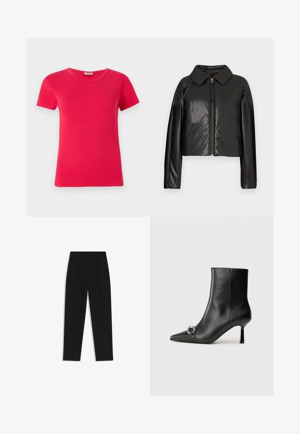 Schwarze Kunstleder-Cropped-Jacke mit Kragen und Reißverschluss. Mit langen Ärmeln und glatter, glänzender Textur.; Rotes T-Shirt mit kurzen Ärmeln aus gerippter Textur und Rundhalsausschnitt, aus glattem Material gefertigt, mit einem Standard-Fit und ohne sichtbare Muster.; Schwarze Hose mit geradem Schnitt, doppelten Falten, einer glatten Textur und einem klassischen Bunddesign. Keine sichtbaren Beschläge oder Akzente.; Schwarze Leder-Stiefelette mit spitzer Zehe, schlankem, mittelhohem Absatz und silberner Schnalle seitlich vor einem schlichten Hintergrund.