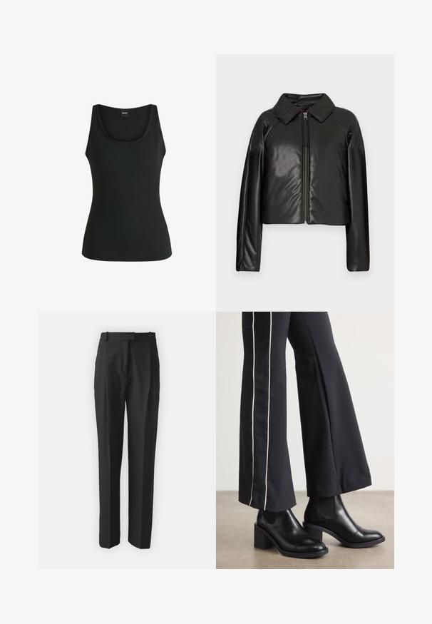 Svart imitationläder kortjacka med krage och dragkedjestängning. Har långa ärmar och en slät, glänsande yta.; Svart ribbad tanktop med rund halsringning och breda axelband. Slät textur och figursydd design med minimala sömnadsdetaljer.; Svarta skräddarsydda byxor i lätt tyg, med rak passform, platt front och bältloops. Slät yta utan synliga mönster.; Svarta läderankelboots med klack, med elastiska sidopaneler. I kombination med svarta byxor som har en vit sidostrip.