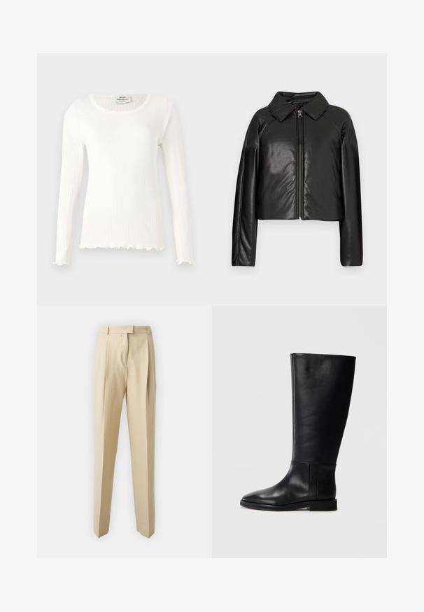 Mustast kunstnahast lühike jakk, millel on kraega kaelus ja tõmblukuga sulgemine. Omab pikki varrukaid ja sujuvat, läikivat tekstuuri.; Pikema varrukatega valge ribakujuline tekk, millel on ümar dekoltee ja lainelised servad. Valmistatud pehmest kangast, millel on liibuv siluett. Brändi silt on nähtav.; Beez värvi jalatsid, sirgete lõigetega, kergelt kortsulistedetailide, vöökoha ja siledaga tekstuuriga. Ei ole nähtavaid taskuid ega kaunistusi.; Mustadast mustad nahast põlve kõrgus kingad, ümarate varvastega, siledast tekstuurist, minimalistlikus disainis ja lame tallaga. Lihtsad õmbluse detailid varrel.