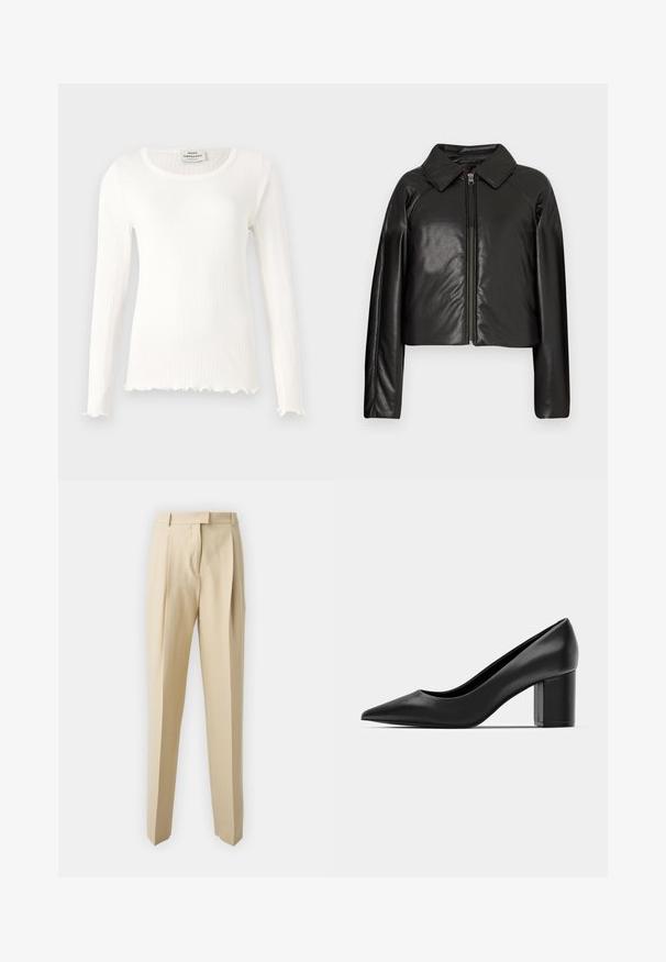 Czarna krótka kurtka z sztucznej skóry z kołnierzykiem i zapięciem na zamek. Posiada długie rękawy oraz gładką, błyszczącą fakturę.; Biała, długosleeve'owa bluzka z prążkowanego materiału, z okrągłym dekoltem i falowanym wykończeniem. Wykonana z miękkiej tkaniny z dopasowanym krojem. Widoczna metka marki.; Beżowe dopasowane spodnie o prostym kroju, z plisami, paskiem w talii i gładką teksturą. Bez widocznych kieszeni ani ozdób.; Czarne skórzane szpilki z ostro zakończonym noskiem i masywnym kwadratowym obcasem. Gładka tekstura, prosty design, odpowiednie na formalne okazje.