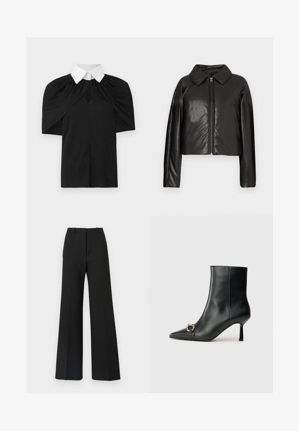 Čierna koženková skrátená bunda s golierom a zipsovým uzáverom. Má dlhé rukávy a hladký, lesklý povrch.; Čierna košeľa s bielym golierom, s drapovaným dizajnom, krátkymi rukávmi a výrezom v tvare kľúča na prednej strane. Hladká textúra, voľný strih.; Čierne široké nohavice s priliehavým strihom, s hladkou textúrou a jemnými záhybmi vpredu. Žiadne viditeľné hardvérové súčasti ani vzory.; Čierna kožená členková obuv s špicatou špičkou, štíhlým stredne vysokým podpätkom a striebornou sponou na boku na jednoduchom pozadí.