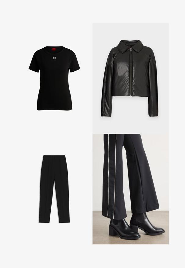 Black faux leather cropped jacket with a collared neckline and zip closure. Features long sleeves and smooth, glossy texture.; Black short-sleeved t-shirt made of soft cotton, featuring a round neckline and a small white "HUGO" logo on the chest. Classic fit.; Black trousers with a straight fit, featuring double pleats, a smooth texture, and a classic waistband design. No visible hardware or accents.; Black leather ankle boots with a block heel, featuring elastic side panels. Paired with black pants that have a white side stripe.