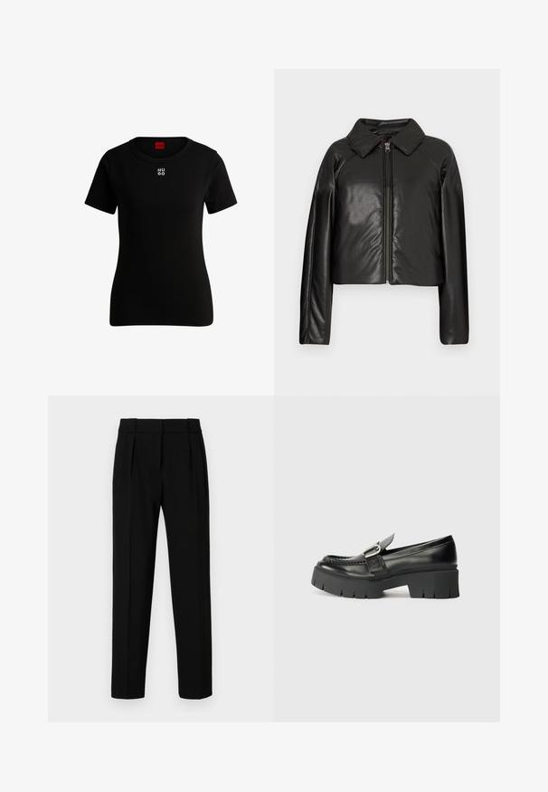 Black faux leather cropped jacket with a collared neckline and zip closure. Features long sleeves and smooth, glossy texture.; Black short-sleeved t-shirt made of soft cotton, featuring a round neckline and a small white "HUGO" logo on the chest. Classic fit.; Black tailored trousers with a straight fit, pleated front, polished fabric, and a medium waistband. No visible pockets or hardware details.; Black leather loafers with a chunky rubber sole. Features a buckle accent and stitched detailing along the upper. Flat heel.