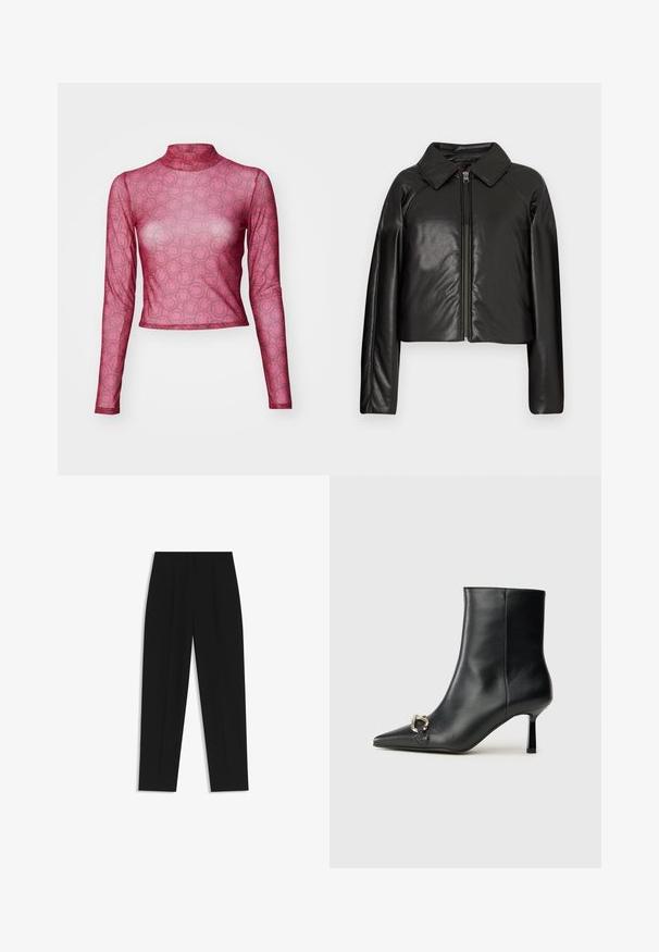 Schwarze Kunstleder-Cropped-Jacke mit Kragen und Reißverschluss. Mit langen Ärmeln und glatter, glänzender Textur.; Langärmliges, tailliertes Oberteil aus durchscheinendem rosa Netz mit einem sich wiederholenden Smiley-Gesicht-Muster. Hochgeschlossener Design mit einer glatten, leichten Textur.; Schwarze Hose mit geradem Schnitt, doppelten Falten, einer glatten Textur und einem klassischen Bunddesign. Keine sichtbaren Beschläge oder Akzente.; Schwarze Leder-Stiefelette mit spitzer Zehe, schlankem, mittelhohem Absatz und silberner Schnalle seitlich vor einem schlichten Hintergrund.