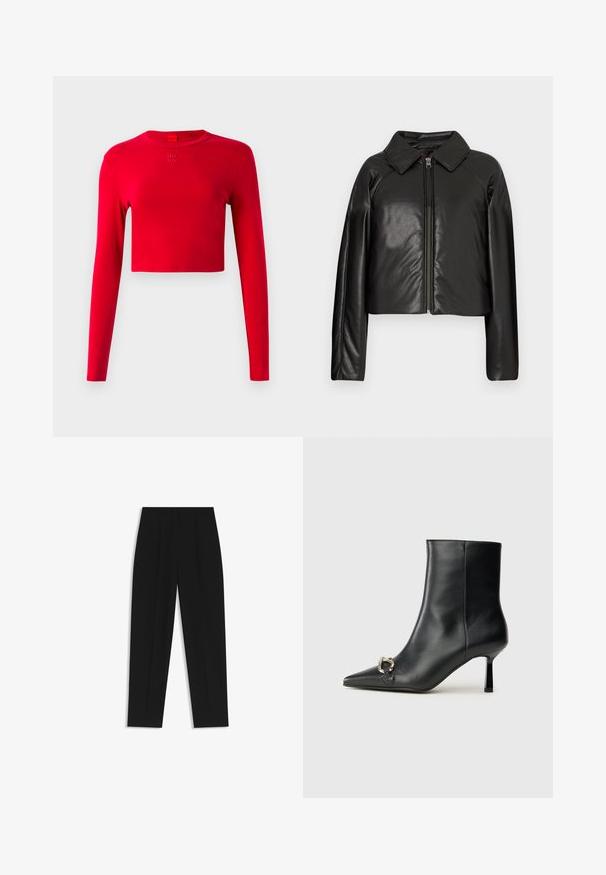 Svart imitationläder kortjacka med krage och dragkedjestängning. Har långa ärmar och en slät, glänsande yta.; Röd långärmad cropped topp med rund halsringning och liten präglad "HUGO"-logotyp centrerad under kragen på enfärgad bakgrund.; Svarta byxor med rak passform, med dubbla fickor, en slät yta och en klassisk midje-design. Ingen synlig hårdvara eller detaljer.; Svart läderankelboot med spetsig tå, smal medelhög klack och silverfärgad spänndetalj på sidan mot en enfärgad bakgrund.