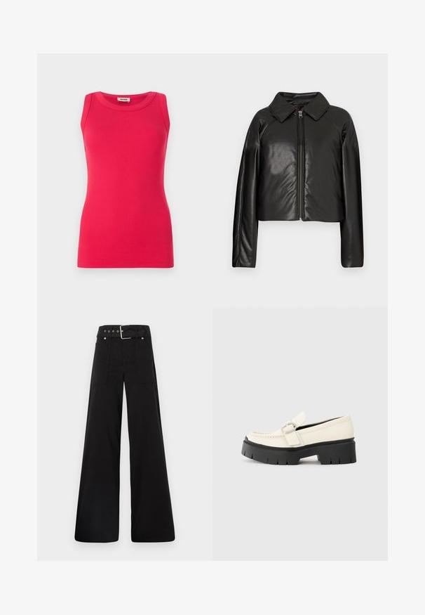 Černá faux kůže zkrácená bunda s límečkem a zipem. Obsahuje dlouhé rukávy a hladký, lesklý povrch.; Černý top bez rukávů z žebrované látky v jasně růžové barvě. Má kulatý výstřih a hladkou strukturu s čistými okraji.; Černé široké kalhoty vyrobené z bavlny, s vysokým pasem, velkými bočními kapsami a opaskem s kovovými akcenty v barvě stříbra.; Bílé kožené mokasíny s robustní černou platformou, vybavené obdélníkovou stříbrnou sponou a viditelným švem na svršku.