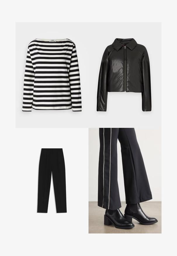 Mustat tekonahkaiset lyhyet takit, joissa on kauluksessa oleva kaulus ja vetoketjukiinnitys. Ominaisuuksiin kuuluu pitkät hihat ja sileä, kiiltävä pinta.; Musta-valkoiset raidoitetut pitkähihainen paita, jossa on leveä kaula-aukko. Valmistettu pehmeästä kankaasta, jossa on tasaiset vaakaraidat ja ommellut helmavarat.; Mustat housut suoran istuvuuden kanssa, joissa on kaksinkertaiset laskokset, sileä pinta ja klassinen vyötärönauhan muotoilu. Ei näkyviä metalliosia tai koristeita.; Mustat nahkasaappaat nilkkapituisilla, lohkareella, joissa on joustavat sivupaneelit. Yhdistetty mustiin housuihin, joissa on valkoinen sivuraita.