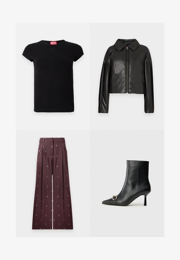 Juodas dirbtinės odos trumpas švarkas su koloratu ir užtrauktuku. Turi ilgomis rankovėmis ir lygią, blizgią tekstūrą.; Juodas trumpomis rankovėmis prigludęs marškinėliai su apvalia iškirpte ir raudonu "Diesel" prekės ženklu, pažymėtu apykaklėje.; Vyno raudonio spalvos platėjančios kelnės su vertikaliomis baltomis juostelėmis ir subtiliais siuvinėjimo detalėmis. Turi klostes ir lygų liemens juosmenį.; Juodas odinis apavas iki kulkšnies su smailiu nosiu, plonu vidutinio aukščio kulnu ir sidabriniu sagties akcentu šone, prieš paprastą foną.