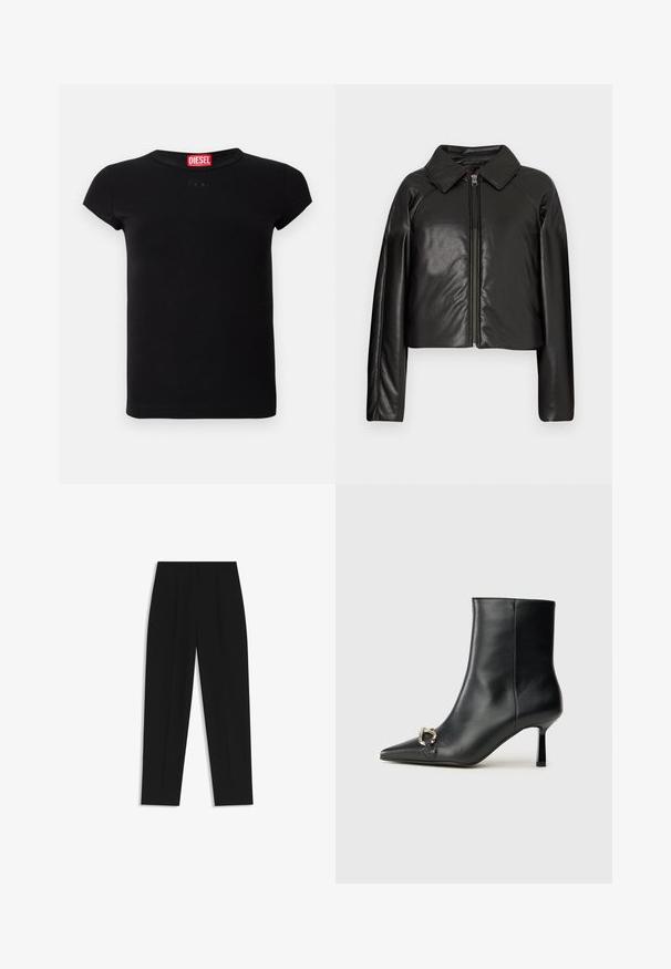 Black faux leather cropped jacket with a collared neckline and zip closure. Features long sleeves and smooth, glossy texture.; Black short-sleeve fitted t-shirt with round neckline and red Diesel logo tag inside the collar.; Black trousers with a straight fit, featuring double pleats, a smooth texture, and a classic waistband design. No visible hardware or accents.; Black leather ankle boot with pointed toe, slim mid-height heel, and silver buckle detail on side against plain background.