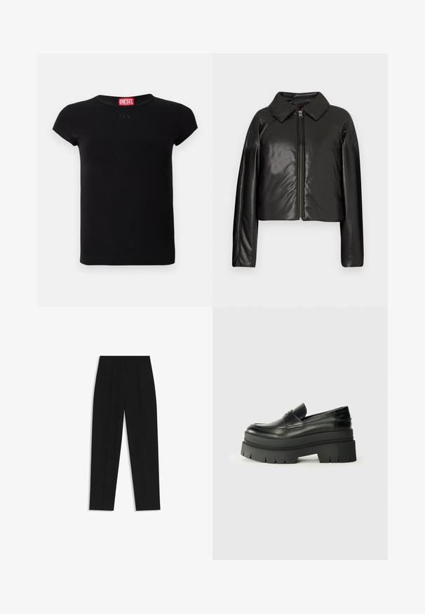 Black faux leather cropped jacket with a collared neckline and zip closure. Features long sleeves and smooth, glossy texture.; Black short-sleeve fitted t-shirt with round neckline and red Diesel logo tag inside the collar.; Black trousers with a straight fit, featuring double pleats, a smooth texture, and a classic waistband design. No visible hardware or accents.; Black leather loafers with a chunky platform sole. Rounded toe, front seam detail, and subtle stitching accents. Flat, textured outsole.