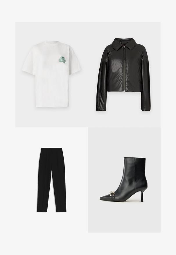Black faux leather cropped jacket with a collared neckline and zip closure. Features long sleeves and smooth, glossy texture.; White cotton t-shirt with short sleeves and a round neckline. It features a green graphic print on the left chest.; Black trousers with a straight fit, featuring double pleats, a smooth texture, and a classic waistband design. No visible hardware or accents.; Black leather ankle boot with pointed toe, slim mid-height heel, and silver buckle detail on side against plain background.
