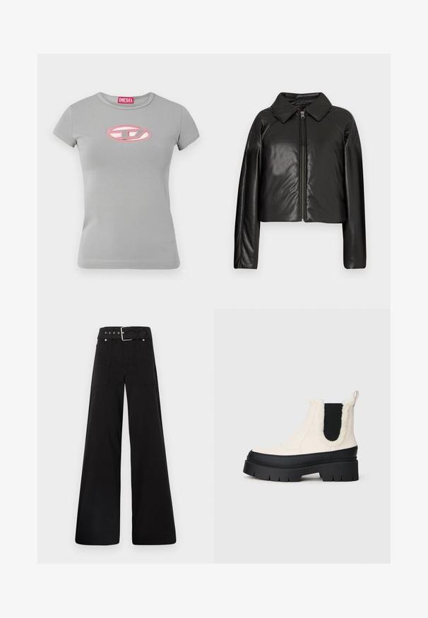 Mustast kunstnahast lühike jakk, millel on kraega kaelus ja tõmblukuga sulgemine. Omab pikki varrukaid ja sujuvat, läikivat tekstuuri.; Hall ja värviline t-särk lühikeste varrukatega, valmistatud puuvillast, millel on roosa tikandiga ovaalne logo rinnal ja ümmargune kaelus.; Mustad laiad mustad püksid, mis on valmistatud puuvillast, kõrge vöökoha, suurte küljetaskute ja kumerate rihmadega, kus on hõbedased detailid.; Paksude platvormi ankle saapad valge ülaosa, musta kummitald ja kontrastsed mustad elastsed külgpaneelid. Ülemise serva pehme-puuvillane äär.