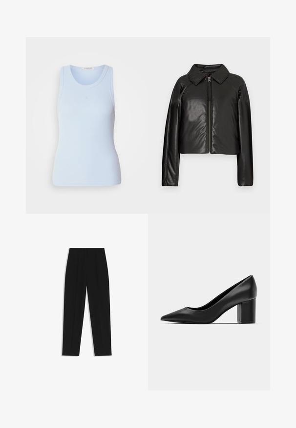 Schwarze Kunstleder-Cropped-Jacke mit Kragen und Reißverschluss. Mit langen Ärmeln und glatter, glänzender Textur.; Helles blaues, geripptes Tanktop mit rundem Halsausschnitt und ärmellosem Design, das dezente Nähte und eine taillierte Silhouette aufweist.; Schwarze Hose mit geradem Schnitt, doppelten Falten, einer glatten Textur und einem klassischen Bunddesign. Keine sichtbaren Beschläge oder Akzente.; Schwarze Lederpumps mit spitzem Zehenbereich und einem klobigen quadratischen Absatz. Glatte Textur, einfaches Design, geeignet für formelle Anlässe.