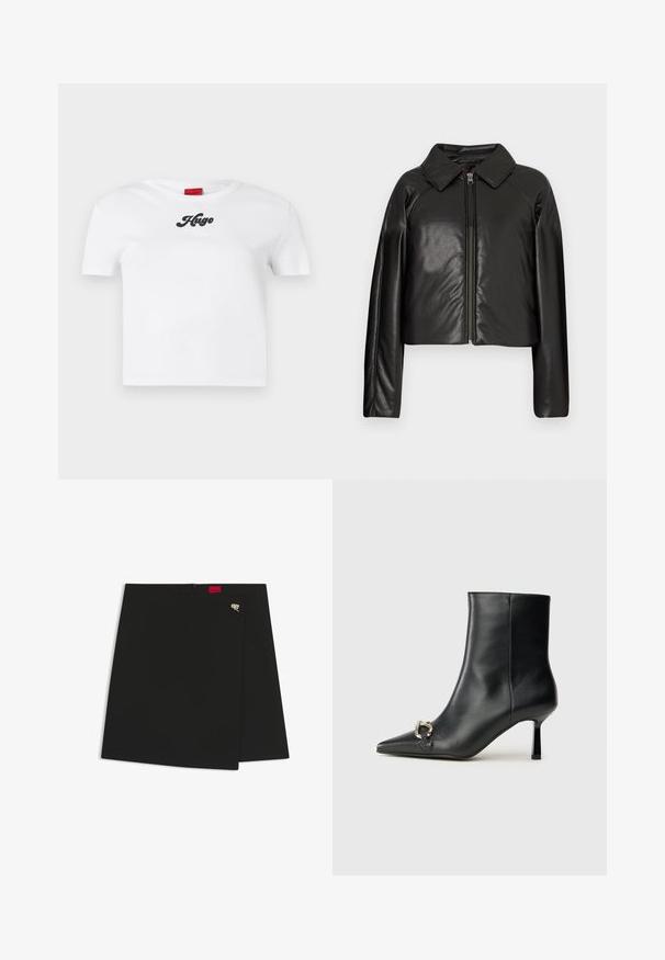 Jachetă cropped din faux leather negru, cu guler și închidere cu fermoar. Prezintă mâneci lungi și o textură netedă, lucioasă.; Tricou alb din bumbac, cu mânecă scurtă, având un decolteu rotund și inscripția neagră "Hugo" în centru. Textură netedă, design simplu.; Fustă neagră, înfășurată, cu o textură netedă, având un eticheta logo roșie și un accent din metal argintiu. Design simplu, cu o linie curată.; Botine negre din piele, cu vârf ascuțit, toc subțire de înălțime medie și detaliu cu cataramă argintie pe lateral, pe un fundal simplu.