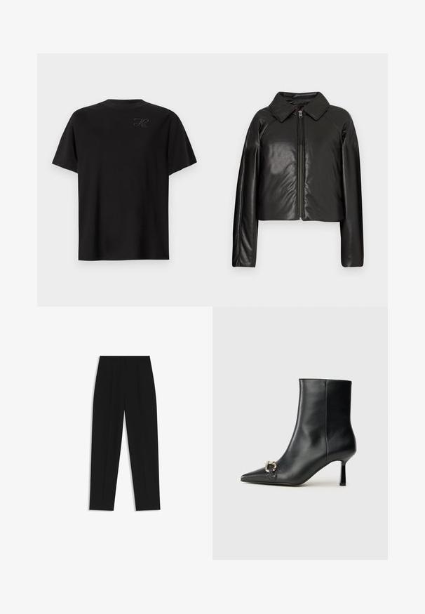 Czarna krótka kurtka z sztucznej skóry z kołnierzykiem i zapięciem na zamek. Posiada długie rękawy oraz gładką, błyszczącą fakturę.; Czarny bawełniany t-shirt, fason z okrągłym dekoltem, z krótkimi rękawami, z małym, tonowym logo na górnej lewej stronie. Gładka faktura.; Czarne spodnie o prostym kroju, z podwójnymi zakładkami, gładką teksturą i klasycznym krojem w talii. Bez widocznych elementów metalowych ani akcentów.; Czarny skórzany botek za kostkę z szpiczastym noskiem, smukłym średnim obcasem i srebrnym zapięciem po boku na jednolitym tle.