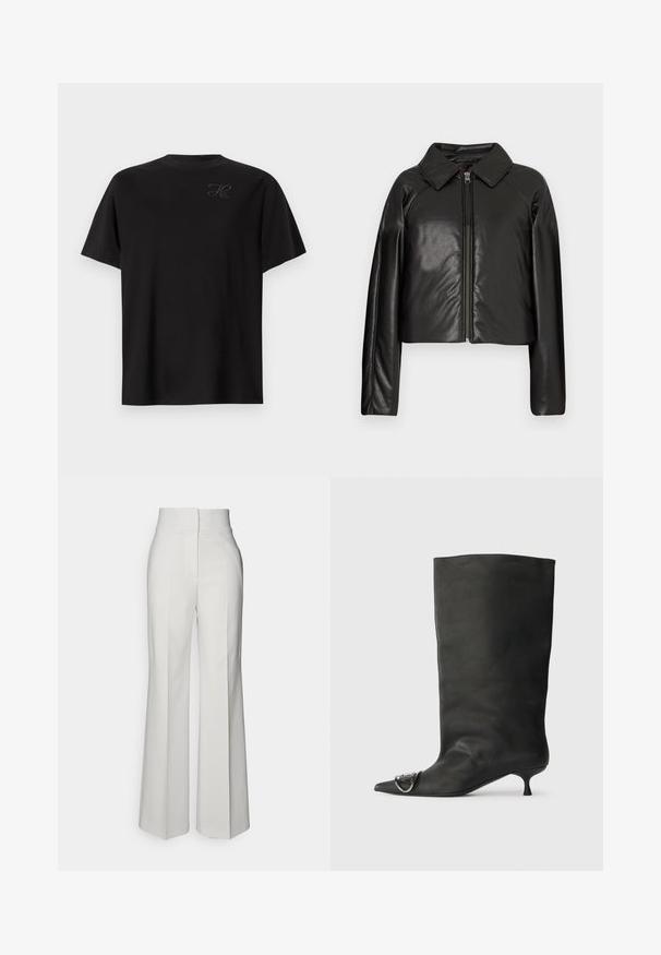 Čierna koženková skrátená bunda s golierom a zipsovým uzáverom. Má dlhé rukávy a hladký, lesklý povrch.; Čierne tričko z bavlny, s crew neck strihom, krátkymi rukávmi, na hornom ľavom boku s malým, tónovým logom. Hladká textúra.; Biele široké nohavice s vysokým pásom vyrobené z hladkej tkaniny, s prešívaním na prednej strane a čistými líniami.; Čierna kožená členková topánka s špicatou špičkou, malým podpätkom a kovovým akcentom na špičke. Hladká, matná textúra po celom povrchu.