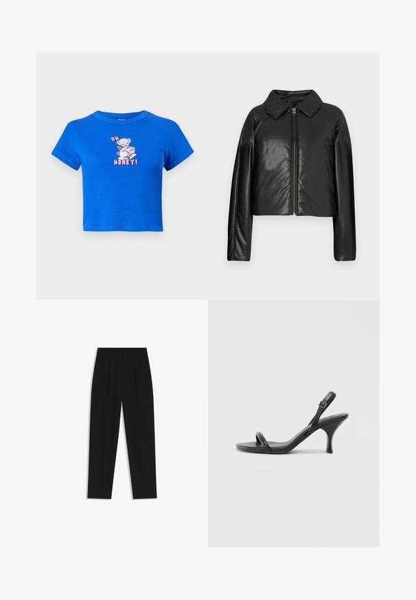 Czarna krótka kurtka z sztucznej skóry z kołnierzykiem i zapięciem na zamek. Posiada długie rękawy oraz gładką, błyszczącą fakturę.; Niebieski skrócony t-shirt z bawełny, z grafiką przedstawiającą niedźwiedzia i napisem "OH HONEY!" w różowym kolorze. Krótkie rękawy i okrągły dekolt.; Czarne spodnie o prostym kroju, z podwójnymi zakładkami, gładką teksturą i klasycznym krojem w talii. Bez widocznych elementów metalowych ani akcentów.; Czarne skórzane sandały na wysokim obcasie z cienkim, zakrzywionym obcasem i skrzyżowanym wzorem pasków. Regulowany pasek na kostkę. Gładka faktura.