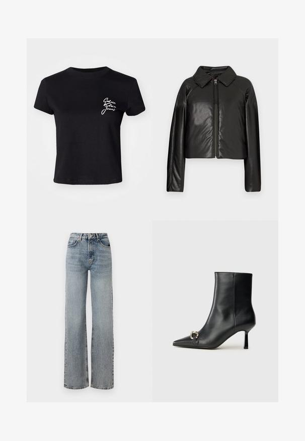 Chaqueta corta de imitación piel negra con cuello con solapa y cierre de cremallera. Presenta mangas largas y una textura suave y brillante.; Camiseta de algodón negra de manga corta con el texto del logo en blanco "Calvin Klein Jeans" en el área del lado izquierdo del pecho. Cuello redondo, ajuste casual.; Jeans de denim azul claro con cintura alta, diseño de pierna ancha, acabado desgastado y sutiles detalles de desgarro. Estilo clásico de cinco bolsillos.; Botín negro de cuero hasta el tobillo con punta afilada, tacón delgado de altura media y detalle de hebilla plateada en el lateral, sobre un fondo liso.