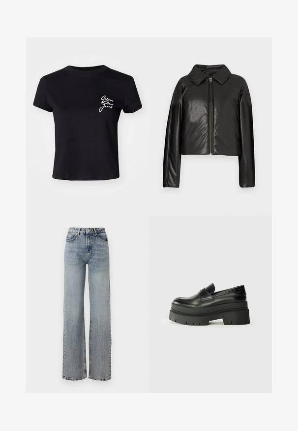 Černá faux kůže zkrácená bunda s límečkem a zipem. Obsahuje dlouhé rukávy a hladký, lesklý povrch.; Černé bavlněné tričko s krátkým rukávem se bílým logem "Calvin Klein Jeans" na levé straně hrudi. Kolo výstřih, volný střih.; Světle modré džíny z denimu s vysokým pasem, širokým střihem, ošoupaným povrchem a jemnými detaily poškození. Klasický pětikusový styl.; Černé kožené loafers s robustní platformovou podrážkou. Kulatá špička, přední šev a jemné akcenty prošití. Plochá, texturovaná podrážka.