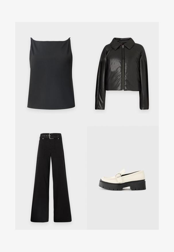 Melnā mākslīgā āda īsā jaka ar apkakles apkakli un rāvējslēdzēja aizdari. Iespējas garas piedurknes un gluda, spīdīga tekstūra.; Melna bez piedurknēm topa forma ar ribotu faktūru, taisnu kakla izgriezumu, plānām siksnām un brīvu piegriezumu. Nav redzamu detaļu vai rakstu.; Melna platā kāju bikses, izgatavotas no kokvilnas, ar augstu jostasvietu, lieliem sānu kabatām un jostu ar sudraba detaļām.; Baltā ādas loafera ar masīvu melnu platformu, ar taisnstūra sudraba sprādzi un redzamām šuvām augšējā daļā.