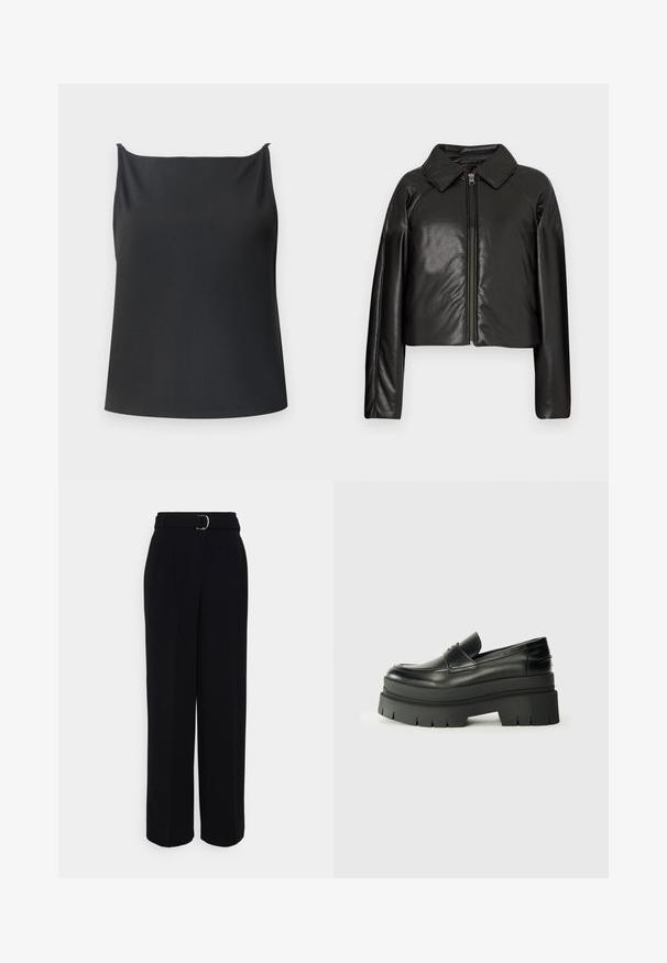 Black faux leather cropped jacket with a collared neckline and zip closure. Features long sleeves and smooth, glossy texture.; Black tank top with a ribbed texture, featuring a straight neckline, thin straps, and a relaxed fit. No visible hardware or patterns.; Black tailored pants with a wide-leg silhouette, featuring a belt with a silver buckle, pleats, and a smooth fabric texture.; Black leather loafers with a chunky platform sole. Rounded toe, front seam detail, and subtle stitching accents. Flat, textured outsole.