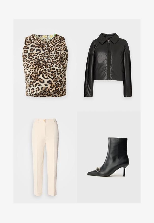 Zwarte faux leren cropped jack met een kraag en ritssluiting. Heeft lange mouwen en een soepele, glanzende textuur.; Mouwloze top met luipaardprint, gemaakt van zachte stof, met een ronde halslijn en een bloemenpatroon aan de binnenvoering.; Crèmekleurige, hooggerocalde broeken van een gestructureerde stof. Voorzien van een sluiting met knoop aan de voorkant en taps toelopende pijpen.; Zwarte leren enkelboot met spitse neus, slanke middenhoge hak en zilveren gespdetail aan de zijkant op een effen achtergrond.