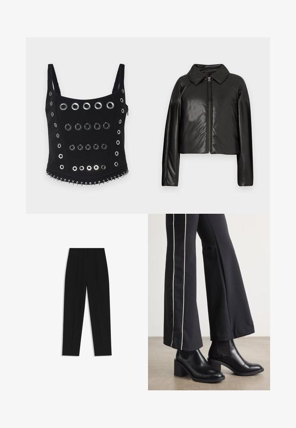 Black faux leather cropped jacket with a collared neckline and zip closure. Features long sleeves and smooth, glossy texture.; Black sleeveless top featuring multiple silver grommets arranged in rows, with a decorative chain detail along the hem. Smooth fabric.; Black trousers with a straight fit, featuring double pleats, a smooth texture, and a classic waistband design. No visible hardware or accents.; Black leather ankle boots with a block heel, featuring elastic side panels. Paired with black pants that have a white side stripe.