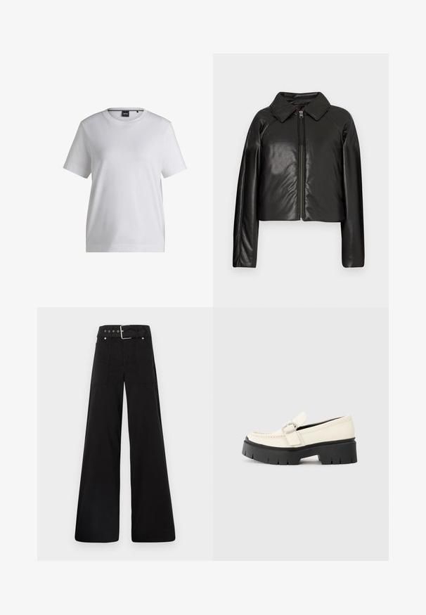 Jachetă cropped din faux leather negru, cu guler și închidere cu fermoar. Prezintă mâneci lungi și o textură netedă, lucioasă.; Tricou alb din bumbac, cu decolteu rotund, mâneci scurte și o croială lejeră. Prezintă un mic eticheta a mărcii lângă guler.; Pantaloni negri cu croială largă, confecționați din bumbac, cu talie înaltă, buzunare laterale mari și talie prevăzută cu brâu cu accente din metal argintiu.; Lofer alb din piele, cu o talpă platformă masivă neagră, având o cataramă rectangulară din argint și detalii vizibile de cusătură pe partea superioară.