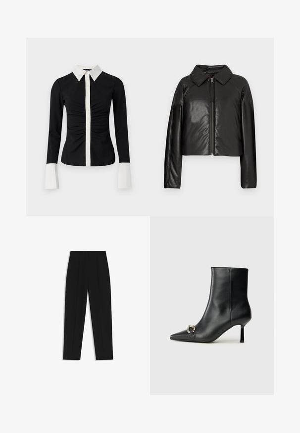Schwarze Kunstleder-Cropped-Jacke mit Kragen und Reißverschluss. Mit langen Ärmeln und glatter, glänzender Textur.; Schwarzes Langarmshirt mit weißem Kragen und Knopfleiste. Hat eine geraffte Vorderseite und kontrastierende weiße Manschetten, gefertigt aus glattem Stoff.; Schwarze Hose mit geradem Schnitt, doppelten Falten, einer glatten Textur und einem klassischen Bunddesign. Keine sichtbaren Beschläge oder Akzente.; Schwarze Leder-Stiefelette mit spitzer Zehe, schlankem, mittelhohem Absatz und silberner Schnalle seitlich vor einem schlichten Hintergrund.