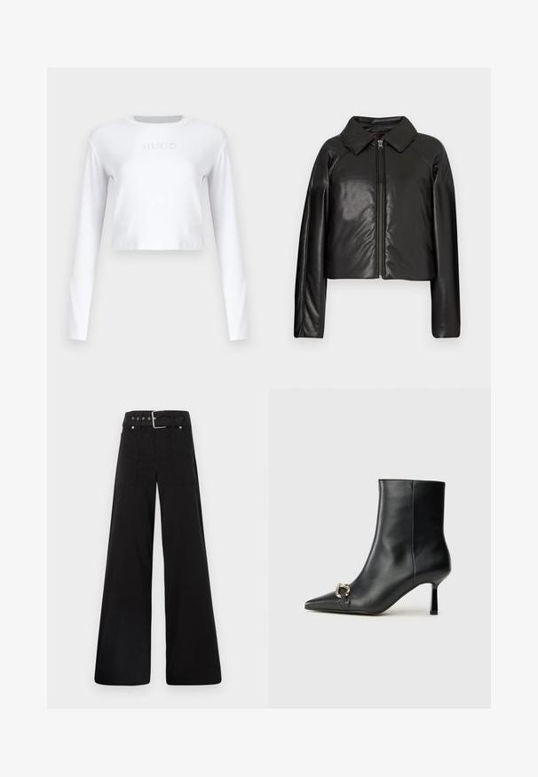 Černá faux kůže zkrácená bunda s límečkem a zipem. Obsahuje dlouhé rukávy a hladký, lesklý povrch.; Bílé dlouhé rukávy zkrácené tričko vyrobené z hladké tkaniny, s jemným nápisem "HUGO" v svetle šedé barvě na přední straně.; Černé široké kalhoty vyrobené z bavlny, s vysokým pasem, velkými bočními kapsami a opaskem s kovovými akcenty v barvě stříbra.; Černá kožená kotníková bota s špičatou špičkou, úzkým středně vysokým podpatkem a stříbrnou sponou na straně, na jednobarevném pozadí.