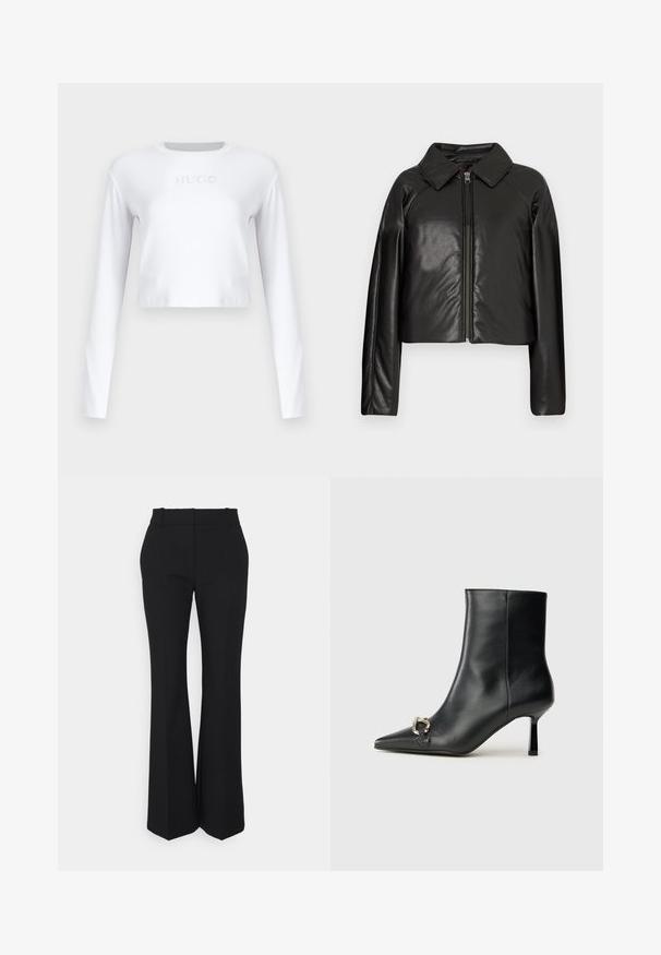 Giacca cropped nera in ecopelle con colletto e chiusura a zip. Caratterizzata da maniche lunghe e una texture liscia e lucida.; Maglietta bianca a maniche lunghe e taglio cropped realizzata in tessuto liscio, con un sottile logo "HUGO" grigio chiaro sulla parte anteriore.; Pantaloni neri plissettati con un taglio dritto, realizzati in un tessuto morbido. Presentano una vita alta e tasche laterali invisibili.; Stivale alla caviglia in pelle nera con punta affusolata, tacco sottile di media altezza e dettaglio in fibbia argentata sul lato, su sfondo semplice.