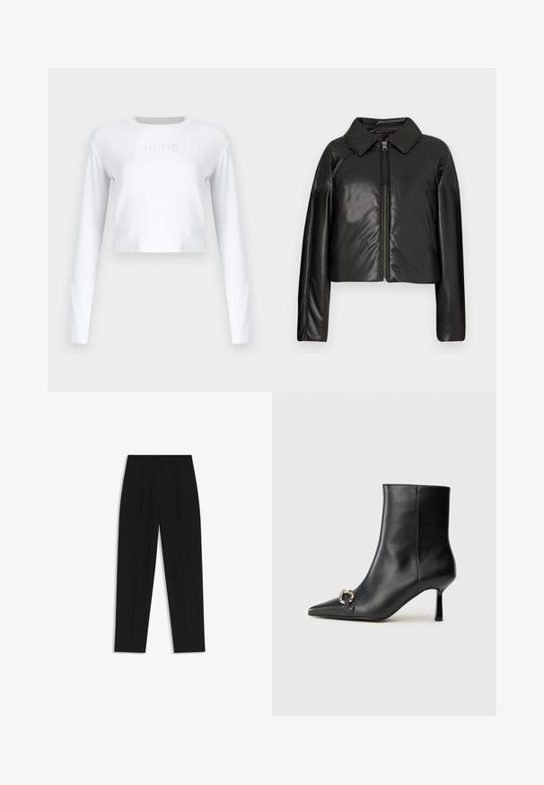 Black faux leather cropped jacket with a collared neckline and zip closure. Features long sleeves and smooth, glossy texture.; White long-sleeve cropped top made of smooth fabric, featuring a subtle "HUGO" logo in light gray on the front.; Black trousers with a straight fit, featuring double pleats, a smooth texture, and a classic waistband design. No visible hardware or accents.; Black leather ankle boot with pointed toe, slim mid-height heel, and silver buckle detail on side against plain background.