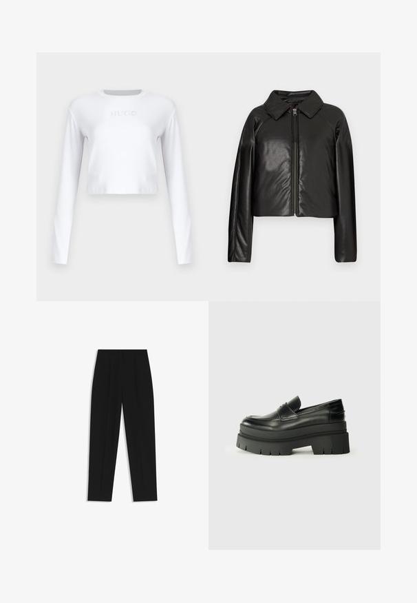 Black faux leather cropped jacket with a collared neckline and zip closure. Features long sleeves and smooth, glossy texture.; White long-sleeve cropped top made of smooth fabric, featuring a subtle "HUGO" logo in light gray on the front.; Black trousers with a straight fit, featuring double pleats, a smooth texture, and a classic waistband design. No visible hardware or accents.; Black leather loafers with a chunky platform sole. Rounded toe, front seam detail, and subtle stitching accents. Flat, textured outsole.