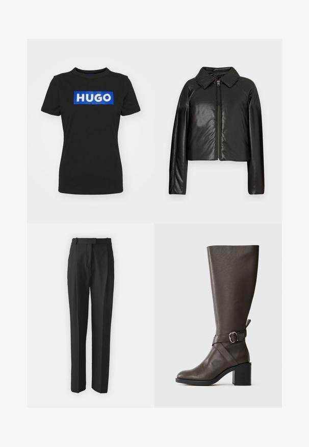 Mustast kunstnahast lühike jakk, millel on kraega kaelus ja tõmblukuga sulgemine. Omab pikki varrukaid ja sujuvat, läikivat tekstuuri.; Musta lühikeste varrukatega T-särk, mis on valmistatud puuvillast ja millel on suur sinine ristkülikukujuline graafika, kus on sõna "HUGO" valgete paksude tähtedega.; Mustad kohandatud mustad püksid kergest kangast, sirge lõikega, lamedate esiosadega ja vöökohaga. Sile tekstuur ilma nähtavate mustriteta.; Tumepruun põlve kõrgune nahkboot, millel on keskmise suurusega blokk-kand ja dekoratiivne rihm hõbedase tõmblukuga ümber pahkluude.