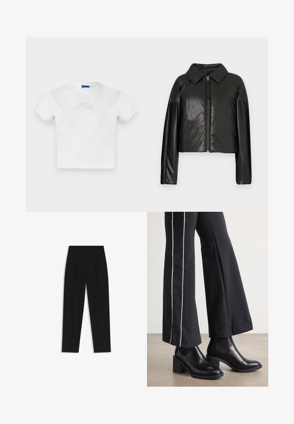 Black faux leather cropped jacket with a collared neckline and zip closure. Features long sleeves and smooth, glossy texture.; White cotton t-shirt with short sleeves and a round neckline featuring "HUGO" in rhinestones on the front. Simple, casual design.; Black trousers with a straight fit, featuring double pleats, a smooth texture, and a classic waistband design. No visible hardware or accents.; Black leather ankle boots with a block heel, featuring elastic side panels. Paired with black pants that have a white side stripe.