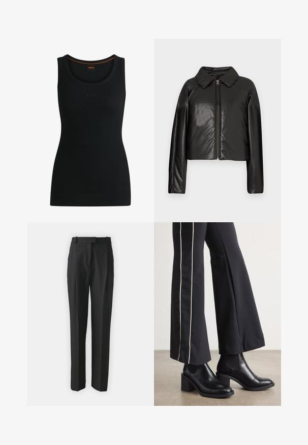 Black faux leather cropped jacket with a collared neckline and zip closure. Features long sleeves and smooth, glossy texture.; Black ribbed tank top with a rounded neckline and embossed "BOSS" logo. Features contrasting orange stitching at the neck. Soft fabric texture.; Black tailored trousers made from lightweight fabric, featuring a straight cut, flat front, and belt loops. Smooth texture with no visible patterns.; Black leather ankle boots with a block heel, featuring elastic side panels. Paired with black pants that have a white side stripe.