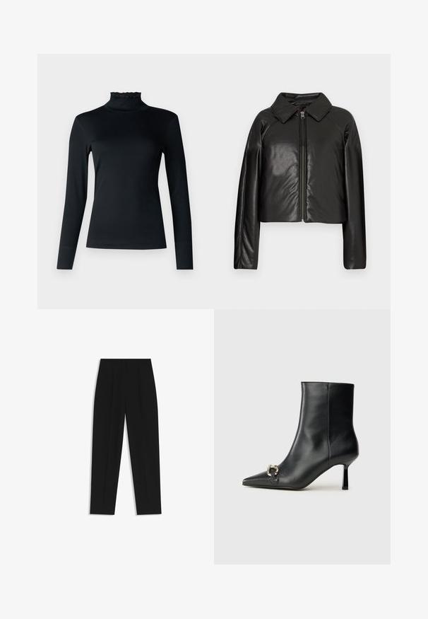 Black faux leather cropped jacket with a collared neckline and zip closure. Features long sleeves and smooth, glossy texture.; Black long-sleeve turtleneck top made from smooth, stretchy fabric. Features a ribbed neckline with a scalloped edge.; Black trousers with a straight fit, featuring double pleats, a smooth texture, and a classic waistband design. No visible hardware or accents.; Black leather ankle boot with pointed toe, slim mid-height heel, and silver buckle detail on side against plain background.